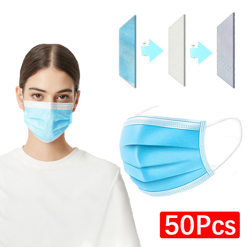 50Pcs 3-layer Mask Face Masks  - Disposable Mask Blue ulasan dan harga